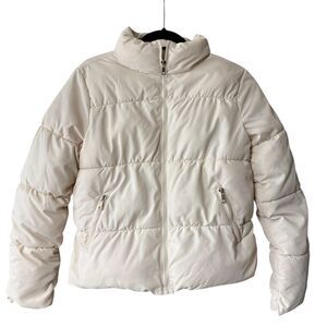 Zenana Zip Up Turtleneck Puffer Jacket with Pockets -Off-White Women's Small